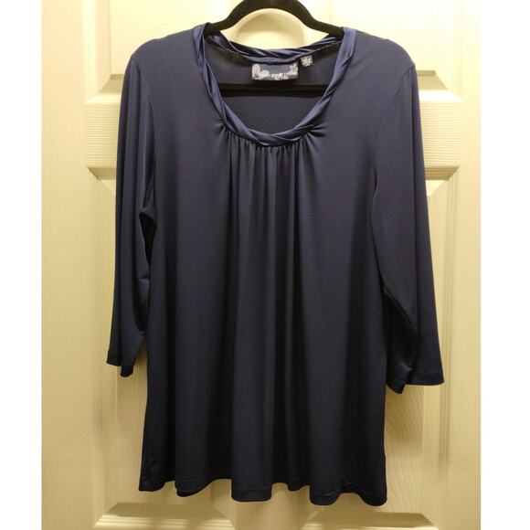 Susan Graver Style Women's Size Large Navy Blue 3/4 Sleeves Twist Neck Blouse - Picture 1 of 5
